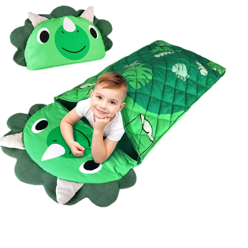 Детски спален чувал с принт динозавър, сгъваема подложка за сън, полиестерна материя, тегло 0.55–1.0 кг, пълнеж от влакна, персонализируем