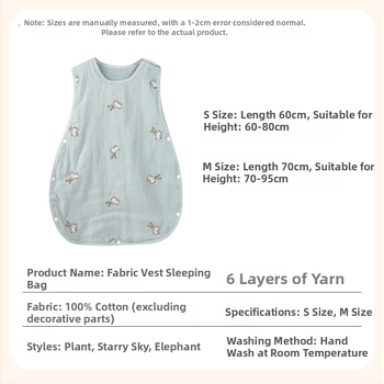 6-слоен бебешки спален чувал с бродерия върху креп тъкан, чист памучен марля, пълнеж памук, тегло до 0,5 кг, 100% памук, защита срещу ритници