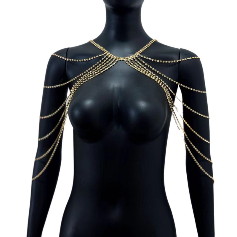 Верига за тяло женска многослойна кристална с ресни (материал: кристали; обработка: електроплатиране; стил: женски)