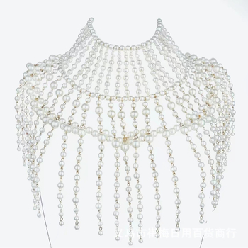 Колие с изкуствени перли, ръчна изработка, ланец с водно-вълнов мотив, многослойно, висулка от изкуствена перла