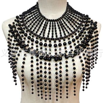 Колие с изкуствени перли, ръчна изработка, ланец с водно-вълнов мотив, многослойно, висулка от изкуствена перла