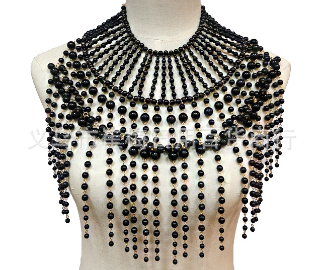 Колие с изкуствени перли, ръчна изработка, ланец с водно-вълнов мотив, многослойно, висулка от изкуствена перла