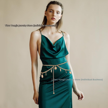 Колан за талия с висящ медальон Слънце-Луна-Звезда, метал, дължина 115 см, елегантен стил, за жени.