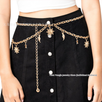 Колан за талия с висящ медальон Слънце-Луна-Звезда, метал, дължина 115 см, елегантен стил, за жени.