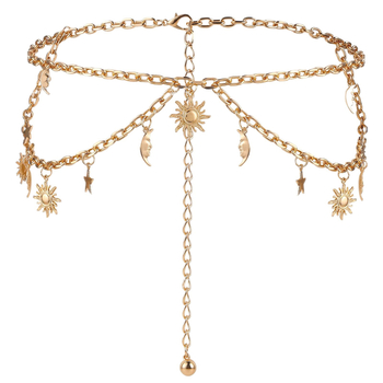 Колан за талия с висящ медальон Слънце-Луна-Звезда, метал, дължина 115 см, елегантен стил, за жени.