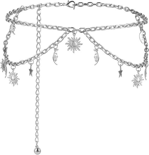 Колан за талия с висящ медальон Слънце-Луна-Звезда, метал, дължина 115 см, елегантен стил, за жени.