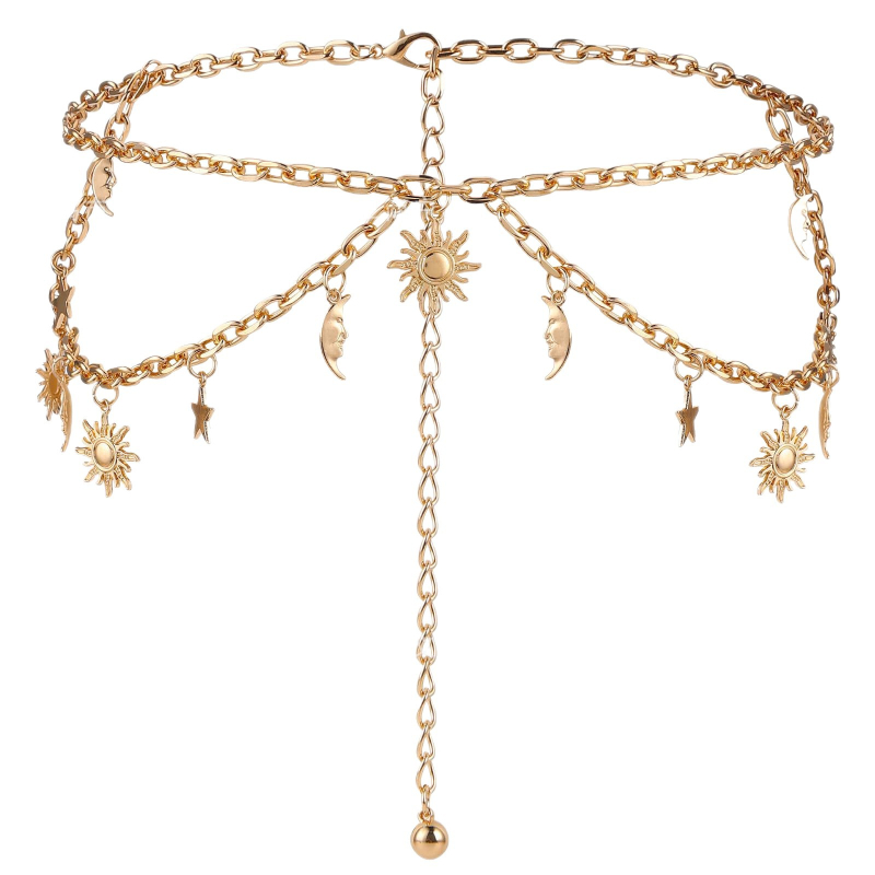 Колан за талия с висящ медальон Слънце-Луна-Звезда, метал, дължина 115 см, елегантен стил, за жени.