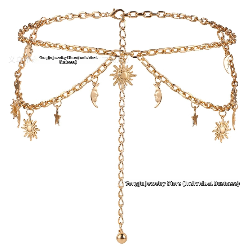 Колан за талия с висящ медальон Слънце-Луна-Звезда, метал, дължина 115 см, елегантен стил, за жени.