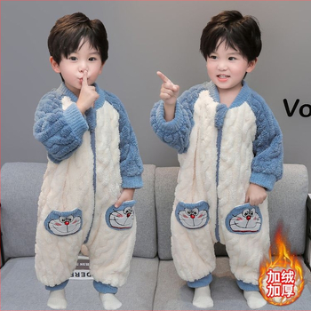 Детски цял пижамен костюм с разделени крачета, двойнослоен коралов флийс, за момчета, корейски стил, зима