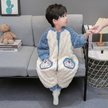 Детски цял пижамен костюм с разделени крачета, двойнослоен коралов флийс, за момчета, корейски стил, зима