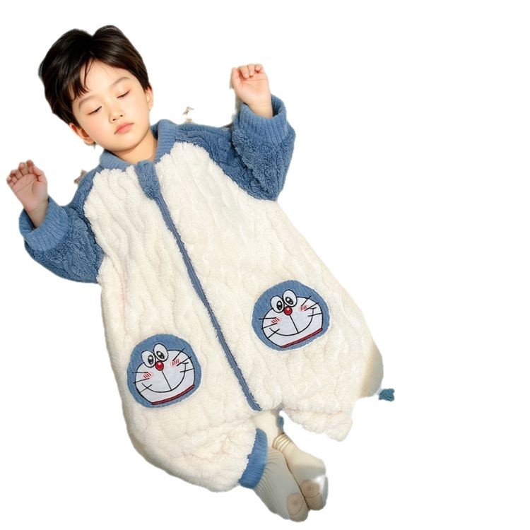 Детски цял пижамен костюм с разделени крачета, двойнослоен коралов флийс, за момчета, корейски стил, зима