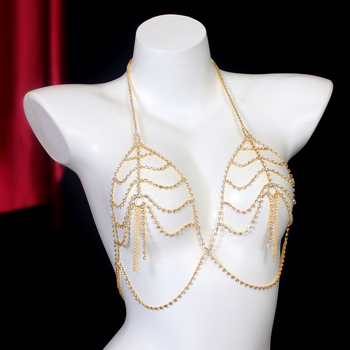 Веригa за тялo и бюст с многослоен кухи кристални висулки, халтер дизайн, електроплакирана повърхност