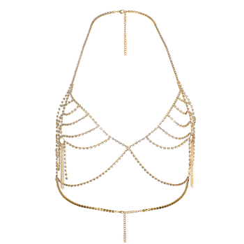 Веригa за тялo и бюст с многослоен кухи кристални висулки, халтер дизайн, електроплакирана повърхност