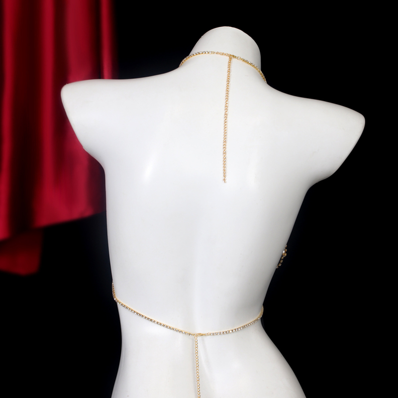 Веригa за тялo и бюст с многослоен кухи кристални висулки, халтер дизайн, електроплакирана повърхност