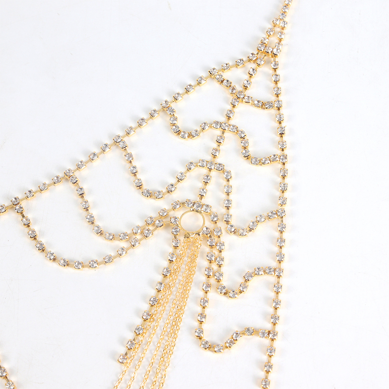 Веригa за тялo и бюст с многослоен кухи кристални висулки, халтер дизайн, електроплакирана повърхност