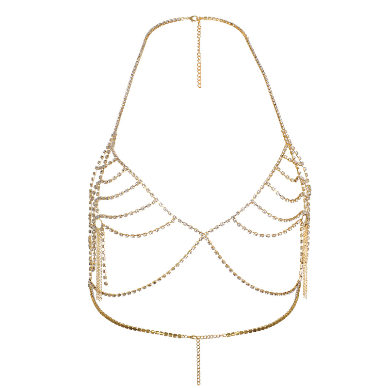 Веригa за тялo и бюст с многослоен кухи кристални висулки, халтер дизайн, електроплакирана повърхност