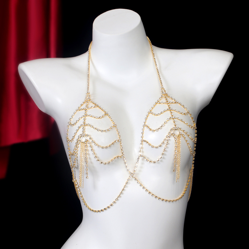 Веригa за тялo и бюст с многослоен кухи кристални висулки, халтер дизайн, електроплакирана повърхност