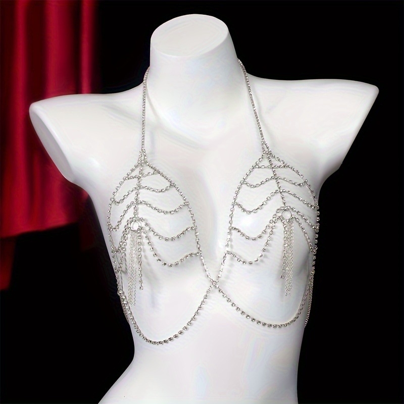 Веригa за тялo и бюст с многослоен кухи кристални висулки, халтер дизайн, електроплакирана повърхност