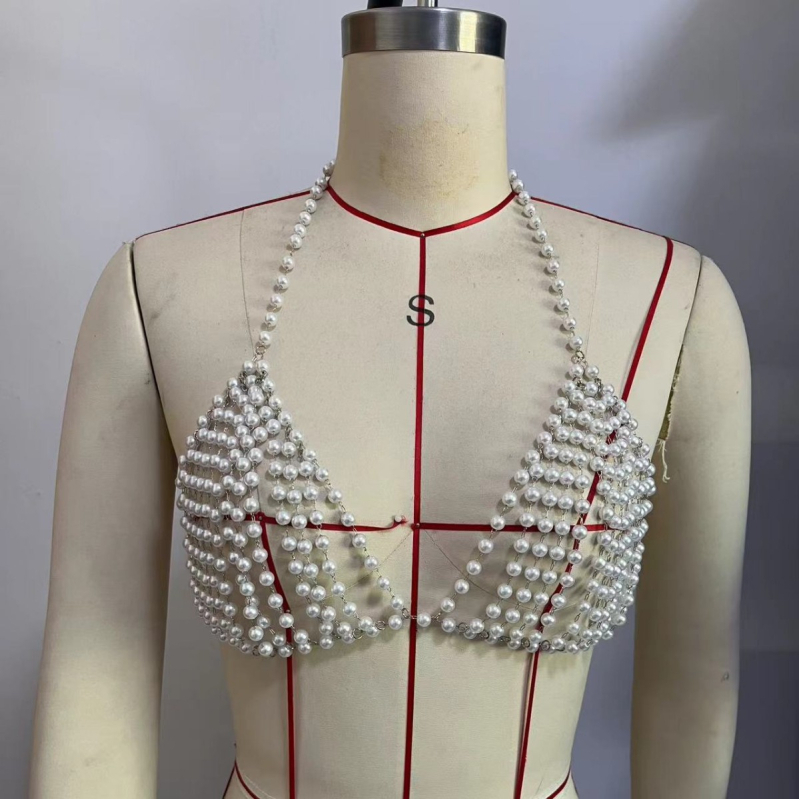 Ръчно изработен синджир за бюст с перли – синджир за тяло от сплав, женски стил, пролет 2025