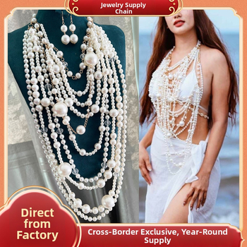 Многоетажна перлена огърлица с body chain, ръчна изработка, U-образна геометрична Pearl Chain, дамска модна огърлица