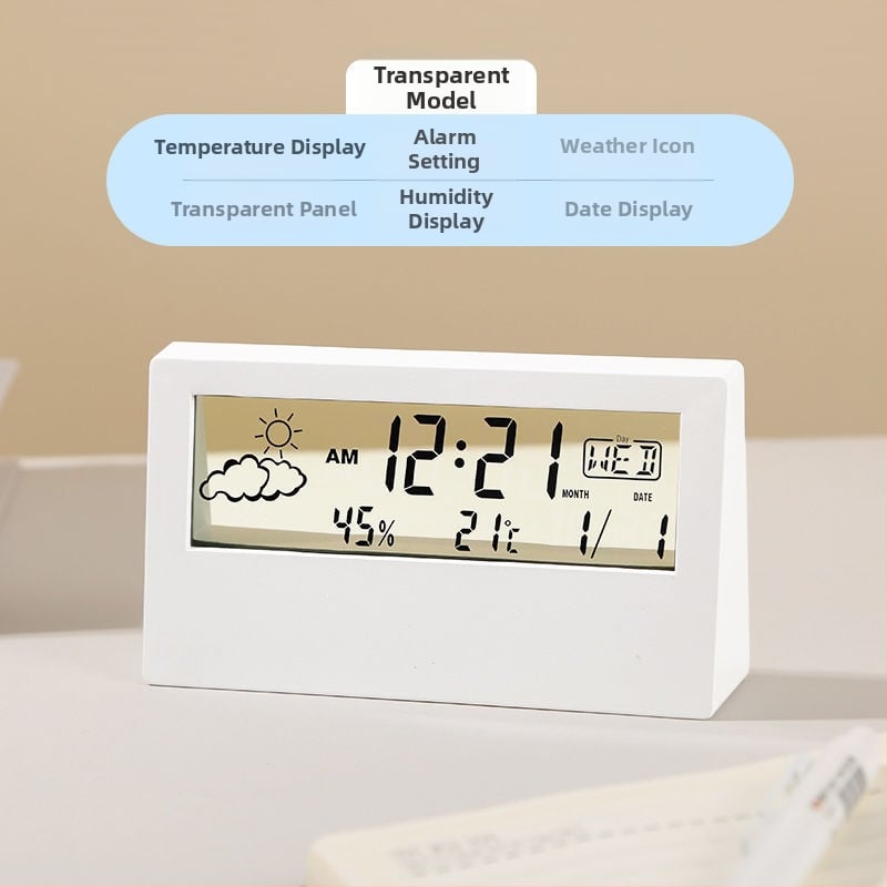 Десктоп часовник с LCD дисплей, термометър, измерване на влажност, месечна индикация, батерийно захранване, модерен минималистичен стил