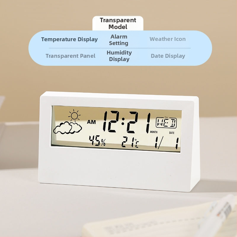 Десктоп часовник с LCD дисплей, термометър, измерване на влажност, месечна индикация, батерийно захранване, модерен минималистичен стил