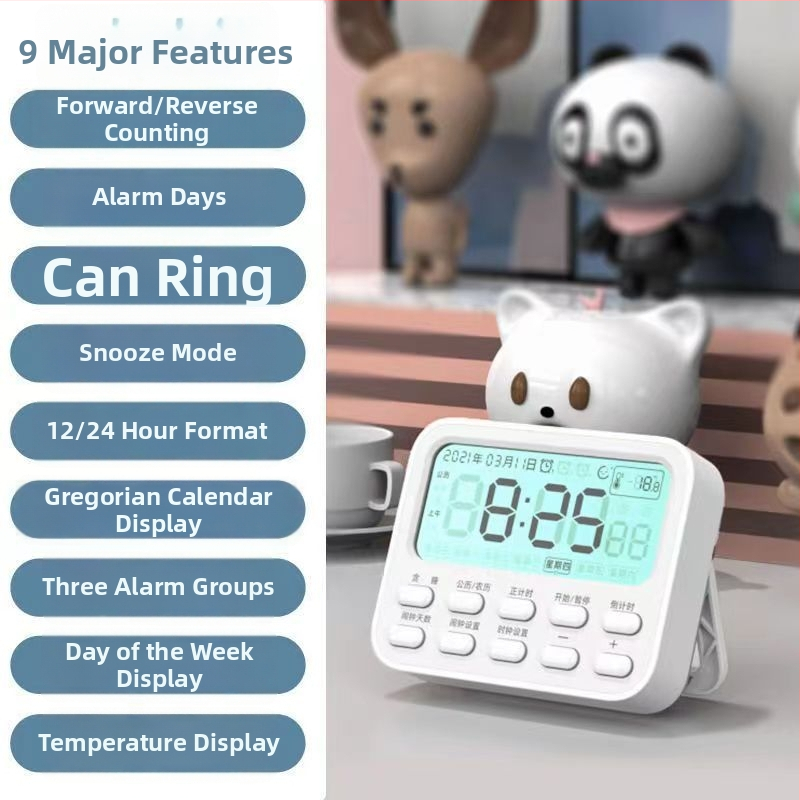 Дигитален будилник с аларма и таймер, термометър, вечен календар, хронограф и обратно броене, LCD дисплей