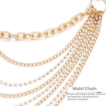 Синджир за талия с метални многослойни пискюли и кристали, за жени, дължина 105 см, стил универсален