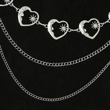 Талийна верижка с висулка сърце‑луна‑звезда и слънчоглед, метална, дължина 110 см, ширина 3 см, за жени, ретро стил