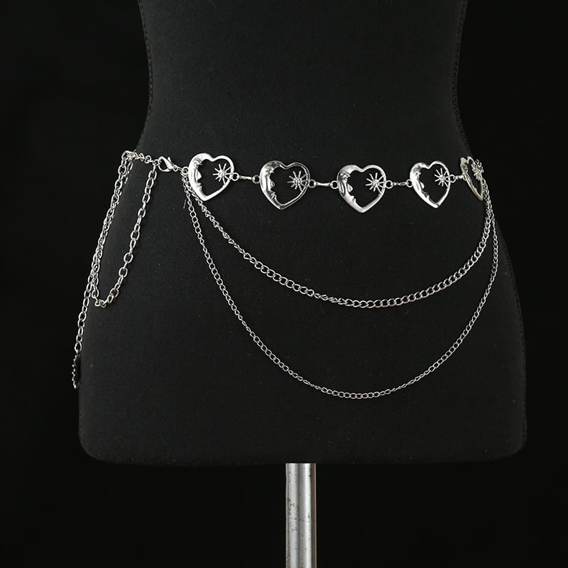 Талийна верижка с висулка сърце‑луна‑звезда и слънчоглед, метална, дължина 110 см, ширина 3 см, за жени, ретро стил