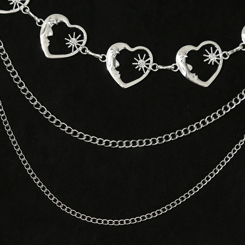 Талийна верижка с висулка сърце‑луна‑звезда и слънчоглед, метална, дължина 110 см, ширина 3 см, за жени, ретро стил