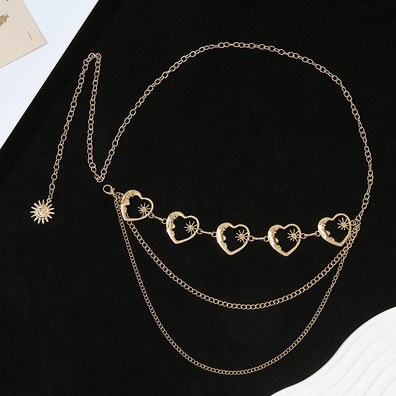 Талийна верижка с висулка сърце‑луна‑звезда и слънчоглед, метална, дължина 110 см, ширина 3 см, за жени, ретро стил