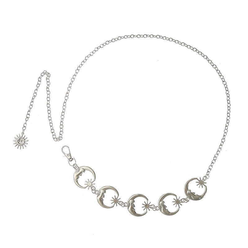 Поясна верига със слънце и луна, метална, дължина 110 см, елегантен стил