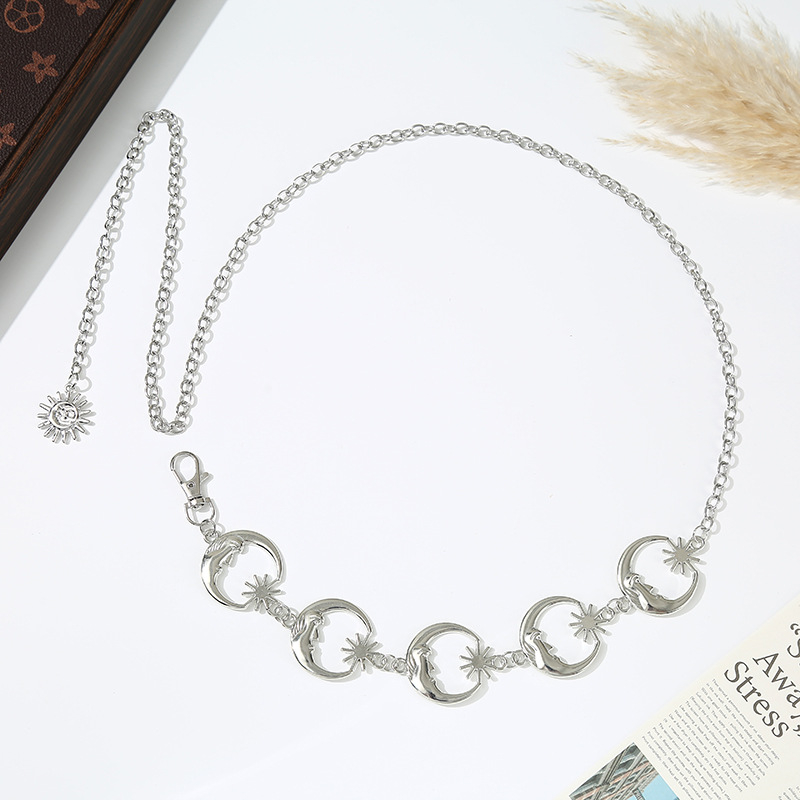 Поясна верига със слънце и луна, метална, дължина 110 см, елегантен стил