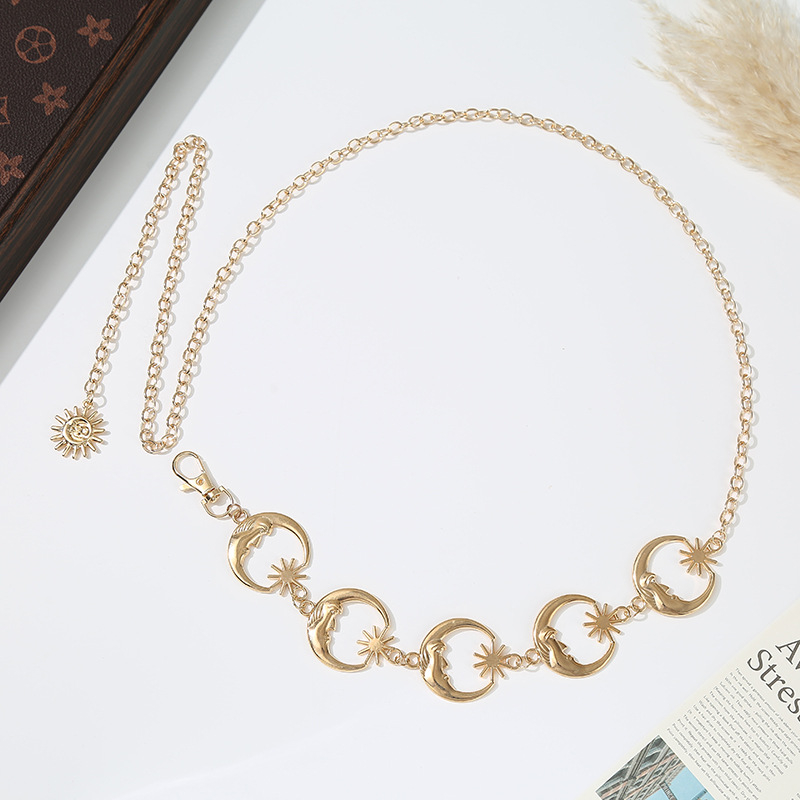 Поясна верига със слънце и луна, метална, дължина 110 см, елегантен стил