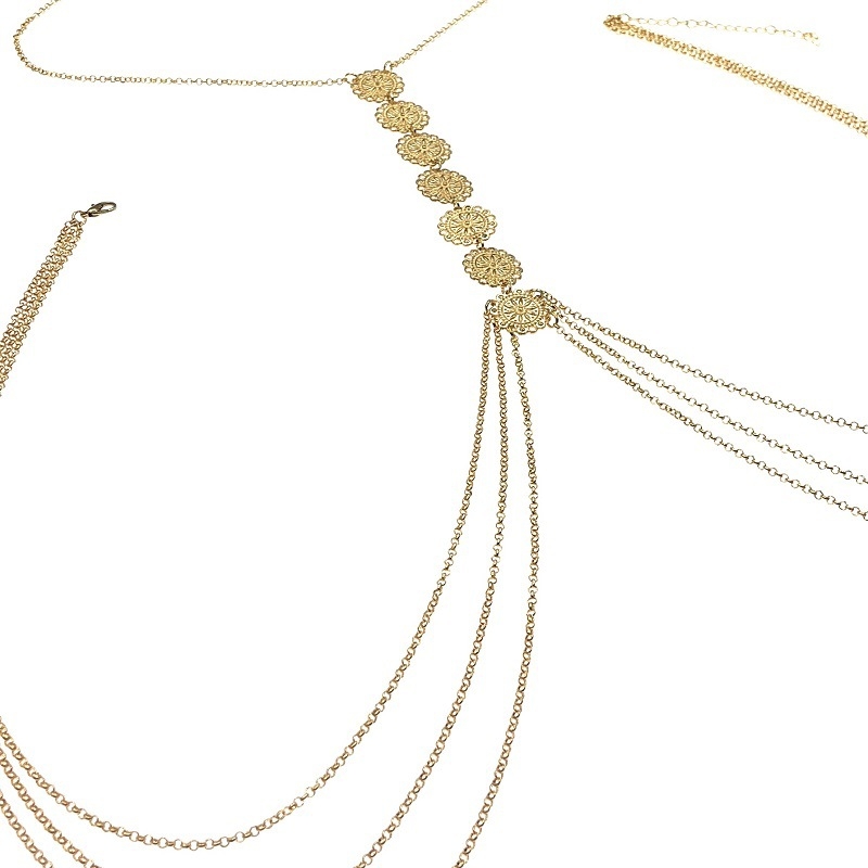 Колие за тяло с резбован мотив на цвете, капковиден дизайн, електроплатена сплав, дамски народен стил