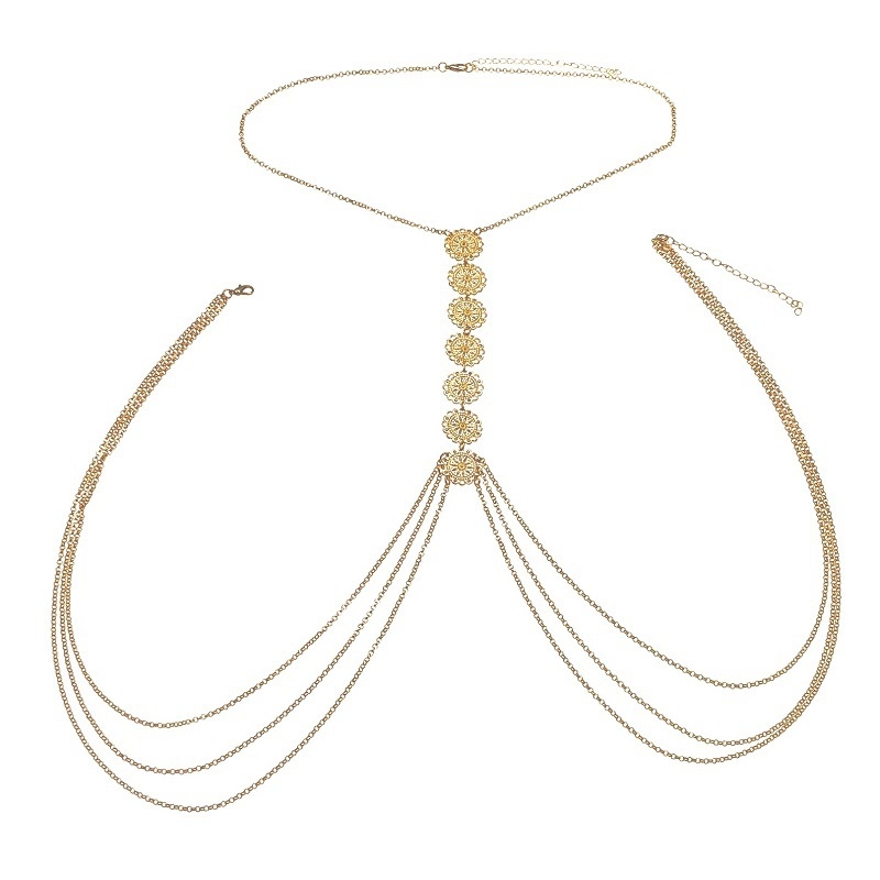 Колие за тяло с резбован мотив на цвете, капковиден дизайн, електроплатена сплав, дамски народен стил