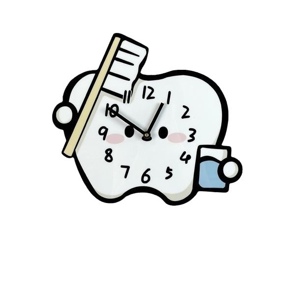 Стeнен часовник - карикатурен зъбен дизайн, безшумен кварцов механизъм, дървен корпус, аналогов циферблат с цифри, едностранен, захранване с батерия тип суха клетка