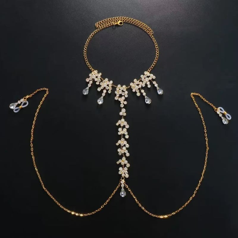 Халтер за деколте със снежинка кристали, верига за зърна и висулка във форма капка вода – нощен клуб стил