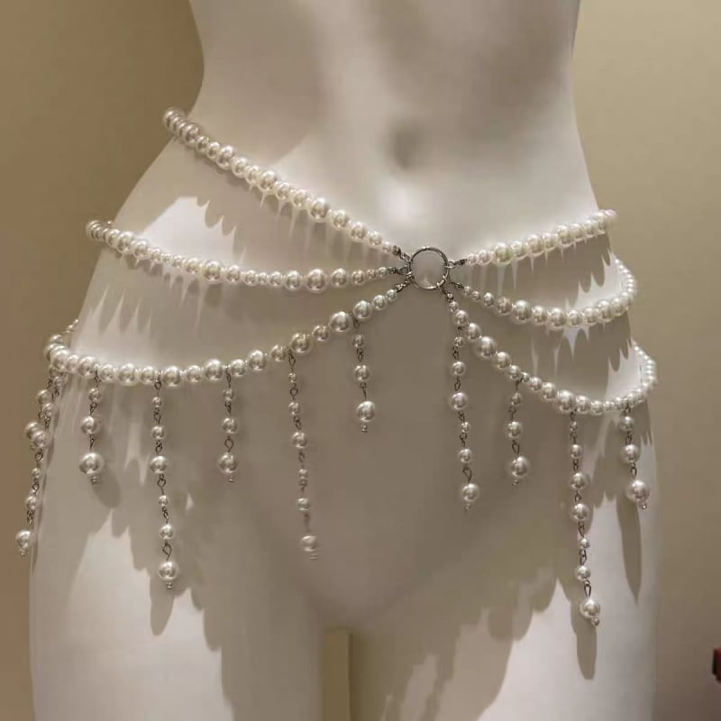 Дамски колан за талия с многослоени перли и пискюли, метална конструкция, стил лукс, с множество връзки