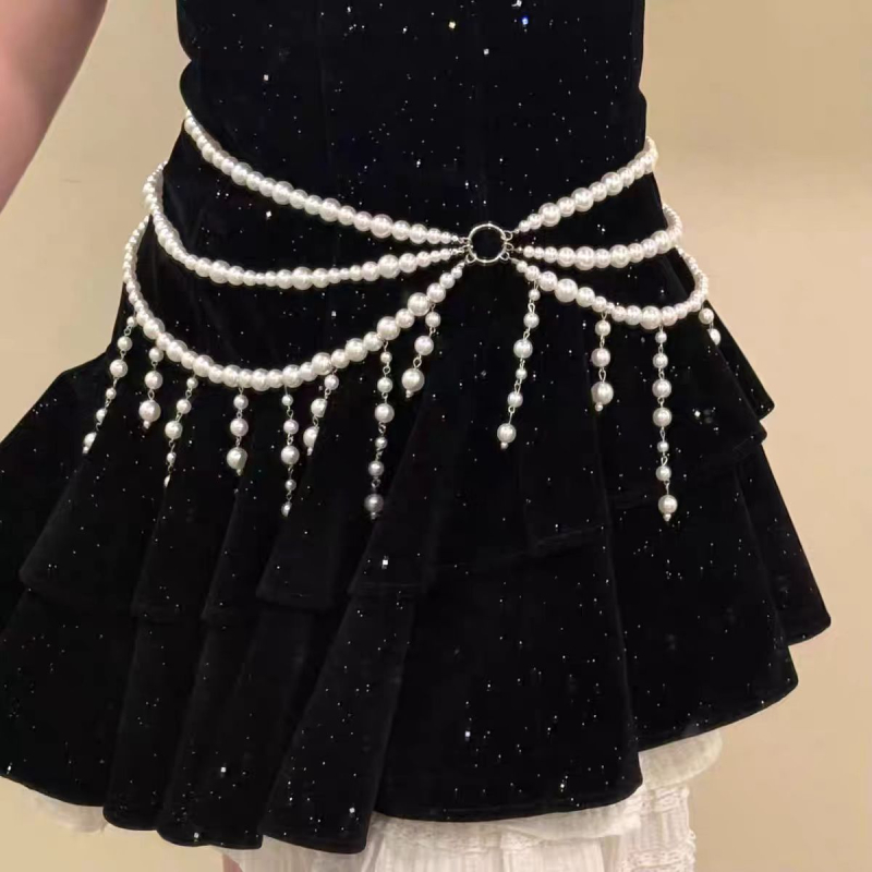 Дамски колан за талия с многослоени перли и пискюли, метална конструкция, стил лукс, с множество връзки