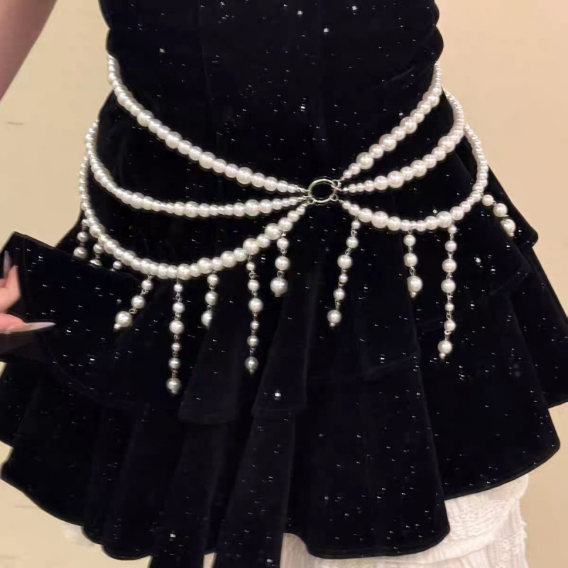 Дамски колан за талия с многослоени перли и пискюли, метална конструкция, стил лукс, с множество връзки