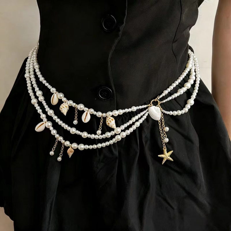 Дамски колан за талия с многослоени перли и пискюли, метална конструкция, стил лукс, с множество връзки