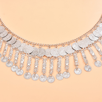 Бохемска сплав монетна пискюлна талияна верига за тяло, за танц на корема, дължина 105 см, ширина 9 см, еднокръгла презрамка