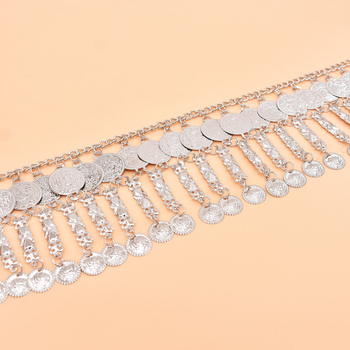 Бохемска сплав монетна пискюлна талияна верига за тяло, за танц на корема, дължина 105 см, ширина 9 см, еднокръгла презрамка