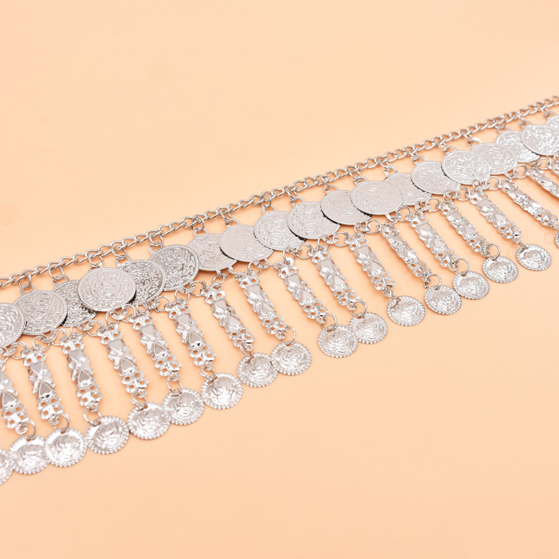 Бохемска сплав монетна пискюлна талияна верига за тяло, за танц на корема, дължина 105 см, ширина 9 см, еднокръгла презрамка