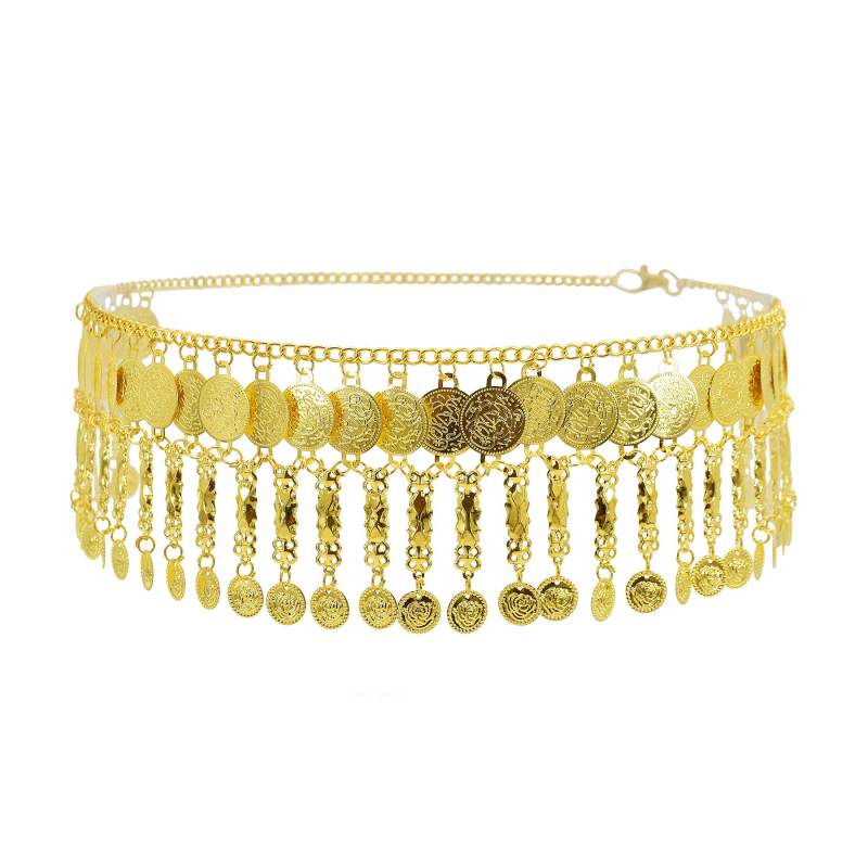 Бохемска сплав монетна пискюлна талияна верига за тяло, за танц на корема, дължина 105 см, ширина 9 см, еднокръгла презрамка