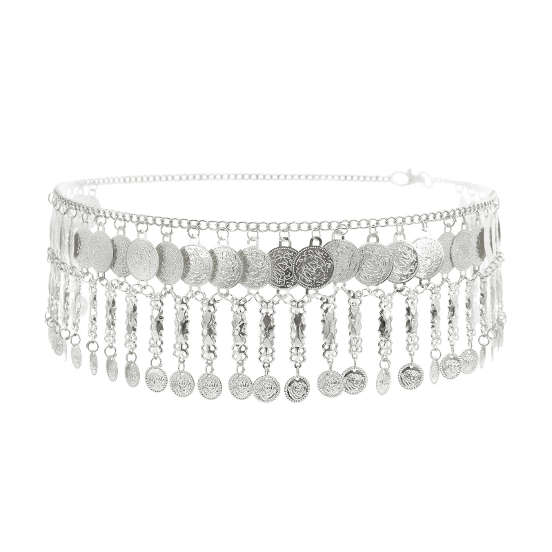 Бохемска сплав монетна пискюлна талияна верига за тяло, за танц на корема, дължина 105 см, ширина 9 см, еднокръгла презрамка