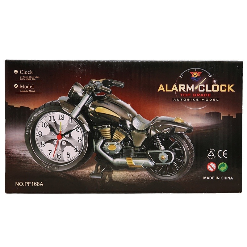 PF168C Златен мотоциклет будилник - модерен и креативен, аналогов дисплей, батерийно захранване, движение със скокове на секундите, пластмасов корпус и пластмасов циферблат