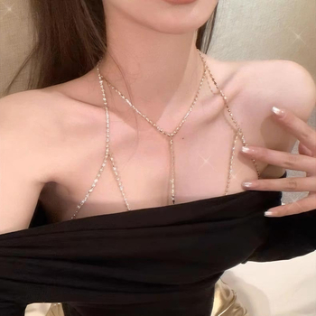 Женска боди-верига с кристали, геометрична сплавна огърлица, верига за ключицата, висулка от сплав, електроплакиране, многослойна